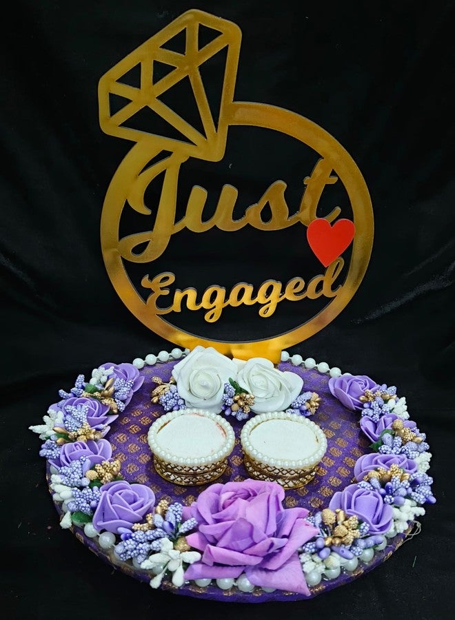 Mridang Handmade Just Engaged Engagement Ring tray ring holder platter with beautiful Floral work(anniversary/engagement/wedding ring platter/Decorative Tray/Marriage Decor) Lavender theme color - Image 2